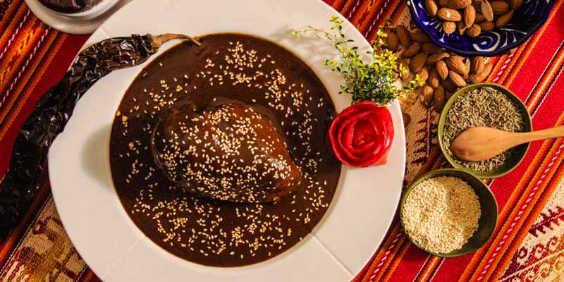 Plato de Mole Poblano, el mejor ejemplo de la Cocina Mestiza.